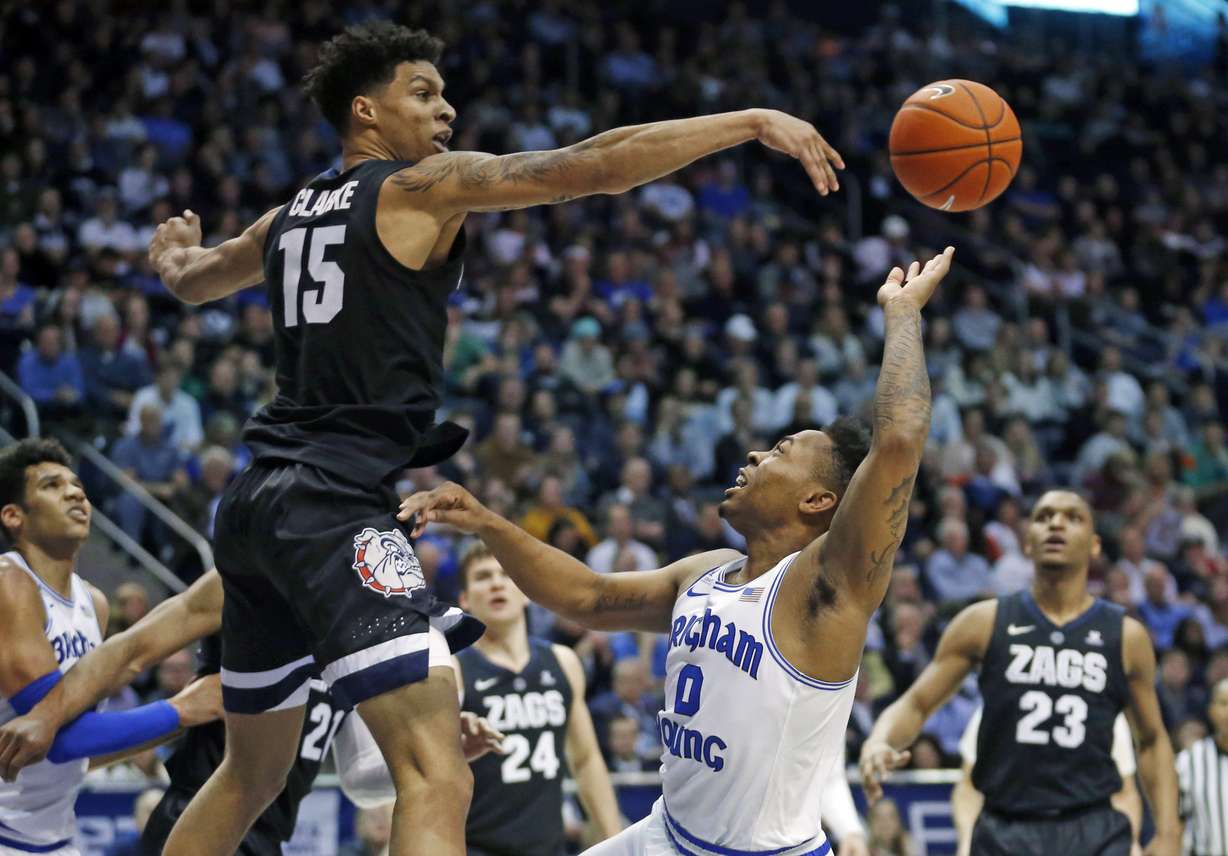 Gonzaga forward Brandon Clarke (15) blocks the shot from BYU guard Jahshire Hardnett (0) during the second half of an NCAA college basketball game Thursday, Jan. 31, 2019, in Provo, Utah. (Photo: Rick Bowmer, AP)