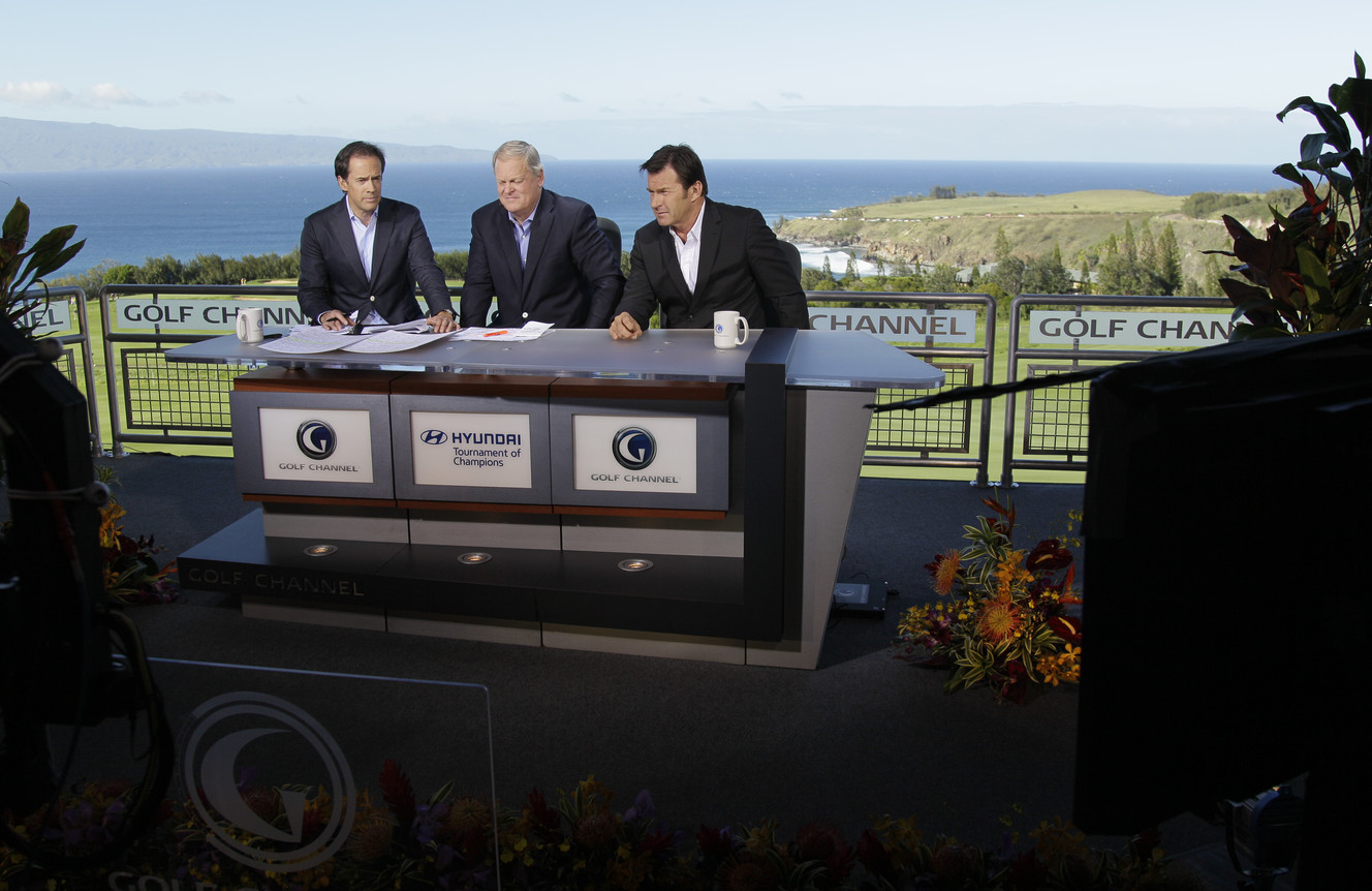 From left, the Golf Channel's Dan Hicks, Johnny Miller and Nick Faldo during the first round of the Hyundai Tournament of Champions PGA Tour golf tournament in Kapalua, Hawaii Friday, Jan. 6, 2012. (Photo: Eric Risberg, AP)