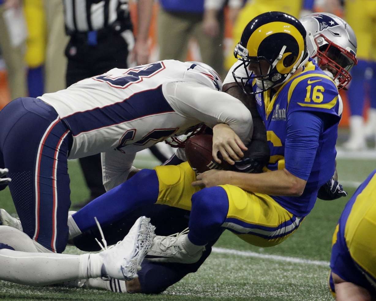 New England Patriots' Kyle Van Noy (53) sacks Los Angeles Rams' Jared Goff (16) during the second half of the NFL Super Bowl 53 football game Sunday, Feb. 3, 2019, in Atlanta. (Photo: Mark Humphrey, AP)