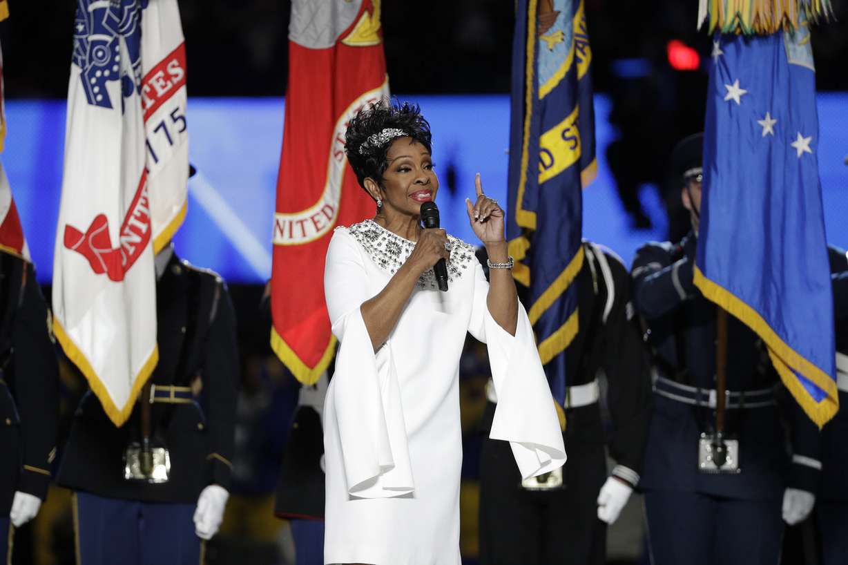 Gladys Knight sings the national anthem before the NFL Super Bowl 53 football game between the Los Angeles Rams and the New England Patriots Sunday, Feb. 3, 2019, in Atlanta. (Photo: David J. Phillip, AP)