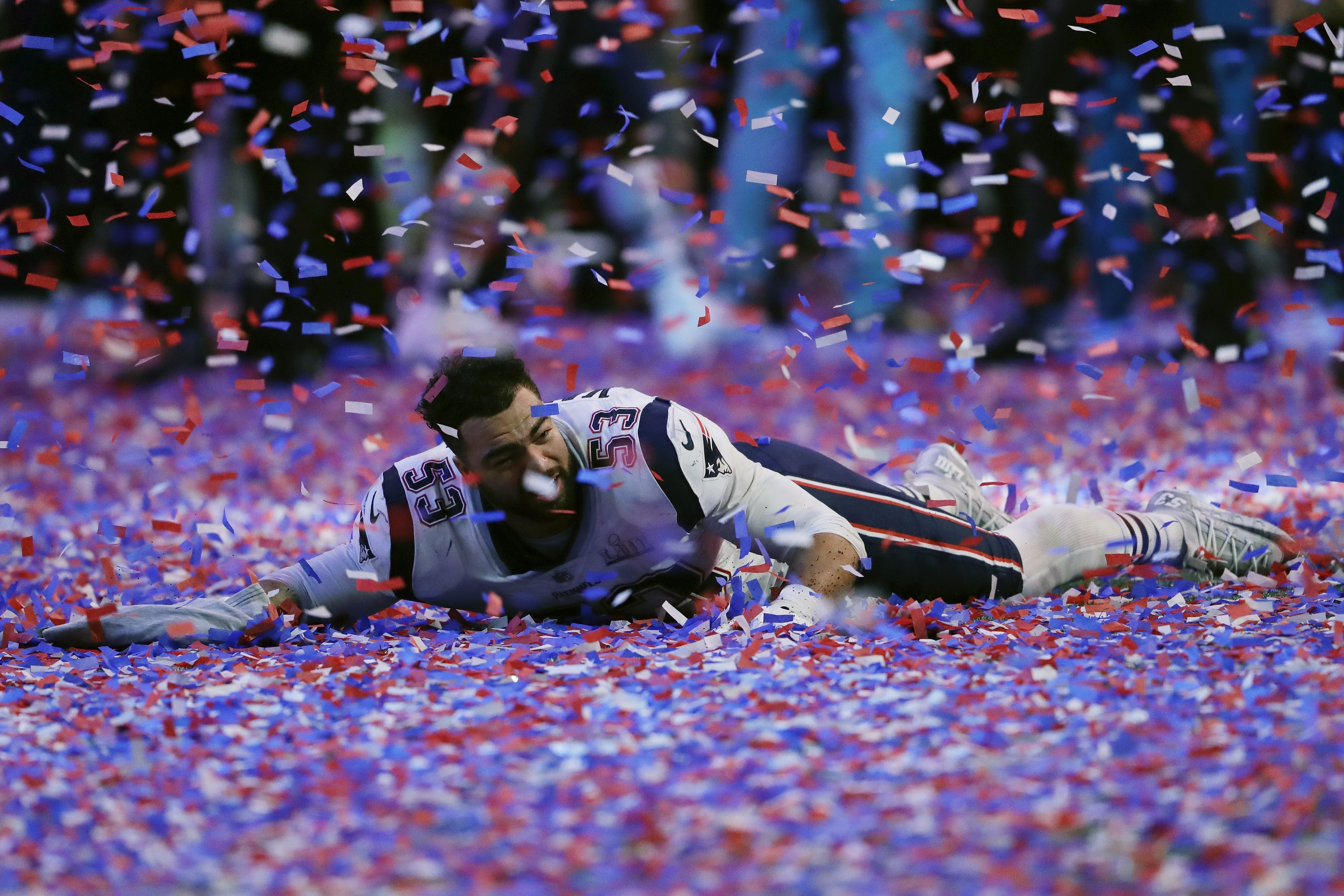 New England Patriots' Kyle Van Noy celebrates in confetti on the turf after the NFL Super Bowl 53 football game against the Los Angeles Rams, Sunday, Feb. 3, 2019, in Atlanta. The Patriots won 13-3. (Photo: John Bazemore, AP)