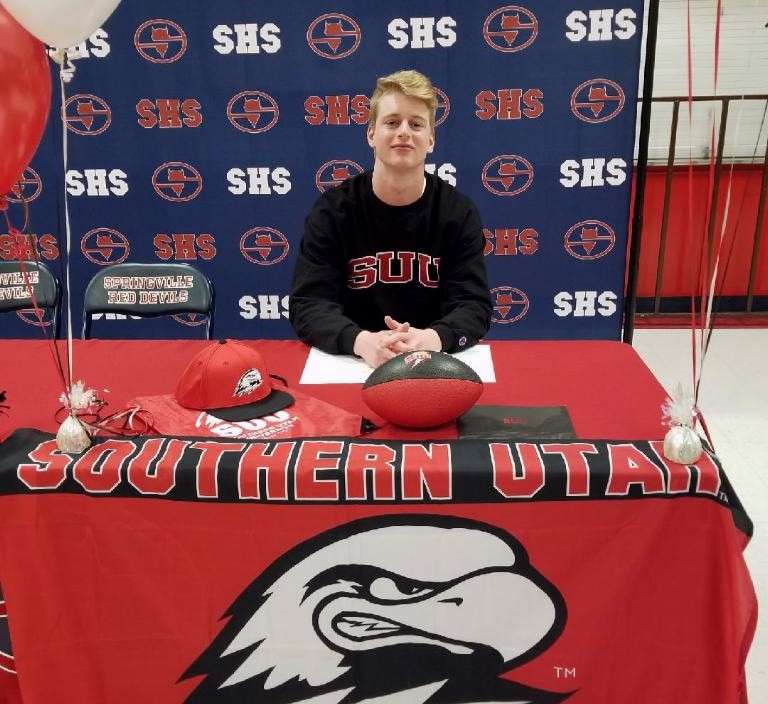 Springville wide receiver Clayton Johnson was one of 23 players to sign a national letter of intent Wednesday, Feb. 6, 2019 to play football at Southern Utah. (Courtesy photo: Springville High School)