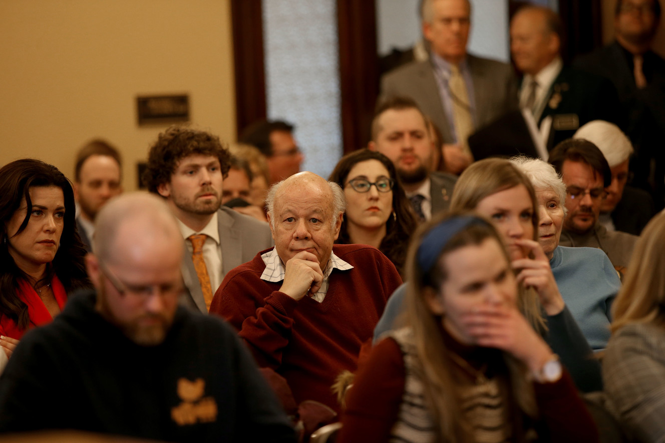 People listen as Sen. Allen Christensen, R-North Ogden, the sponsor of SB96, speaks about the Medicaid Expansion Adjustments bill at the Capitol in Salt Lake City on Wednesday, Feb. 6, 2019. (Photo: Laura Seitz, KSL)