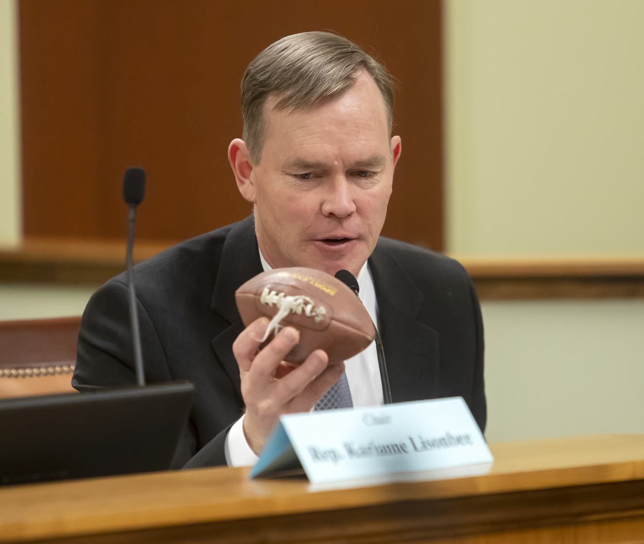 Rep. Steve Waldrip, R-Eden, holds a memento of a family member who had Down syndrome during a discussion on HB166 before the House Judiciary Committee at the Capitol in Salt Lake City on Wednesday, Feb. 6, 2019. The bill would prohibit an abortion if the sole reason is because the fetus has or may have Down syndrome. Photo: Scott G Winterton, KSL