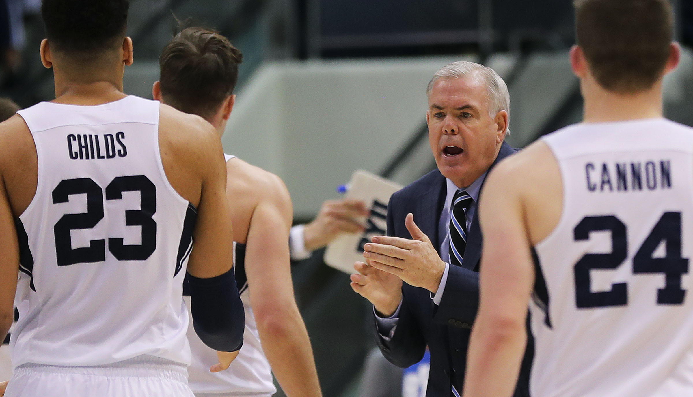 BYU coach Dave Rose encourages his team during a timeout in NCAA basketball against the Pacific Tigers in Provo on Saturday, Feb. 9, 2019. (Photo: Ravell Call, KSL)