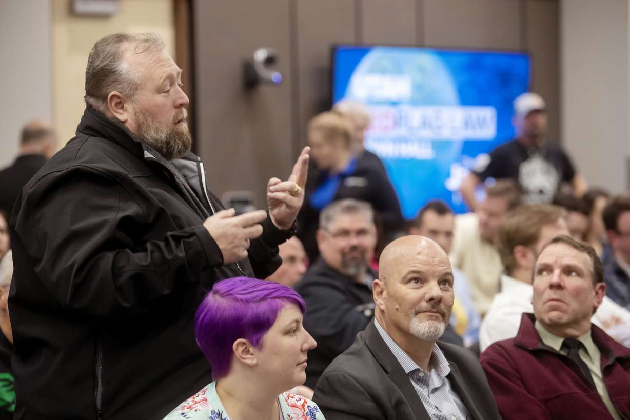 Brad Mottishaw asks a question to the panel during a town hall at the University of Utah's Hinckley Institute of Politics on the so-called red flag gun laws on Wednesday, Feb. 13, 2019. (Photo: Scott G Winterton, KSL)