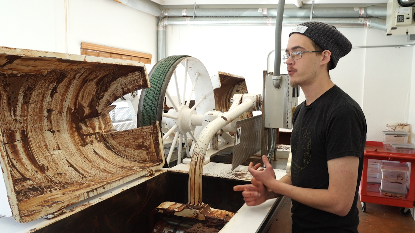 Ritual Chocolate's production manager, John Lankford, describes the chocolate making process. (Photo: KSL TV)