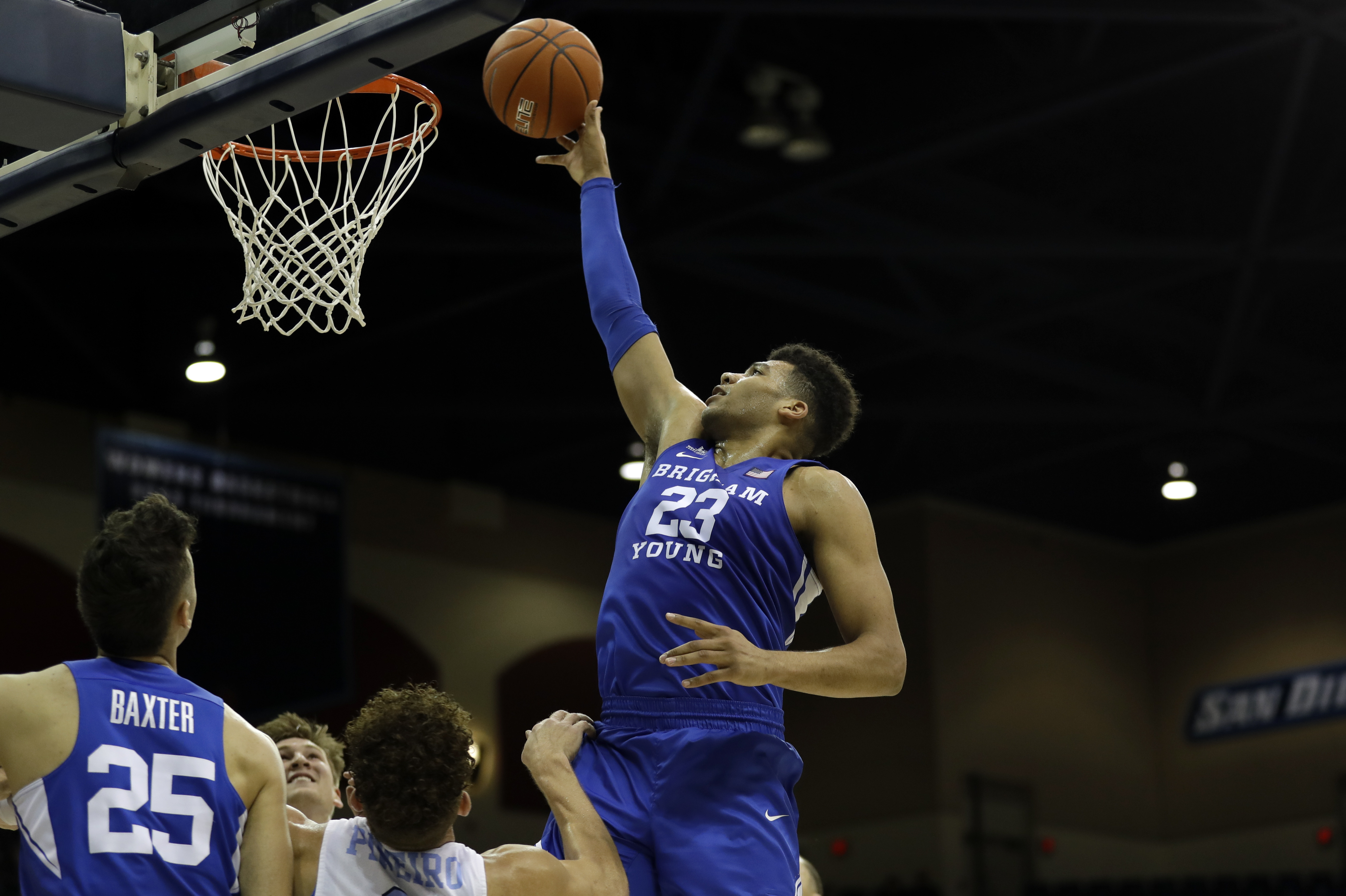 Brigham Young forward Yoeli Childs shoots during the first half of an NCAA college basketball game against San Diego Thursday, Feb. 14, 2019, in San Diego. (Photo: Gregory Bull, AP)