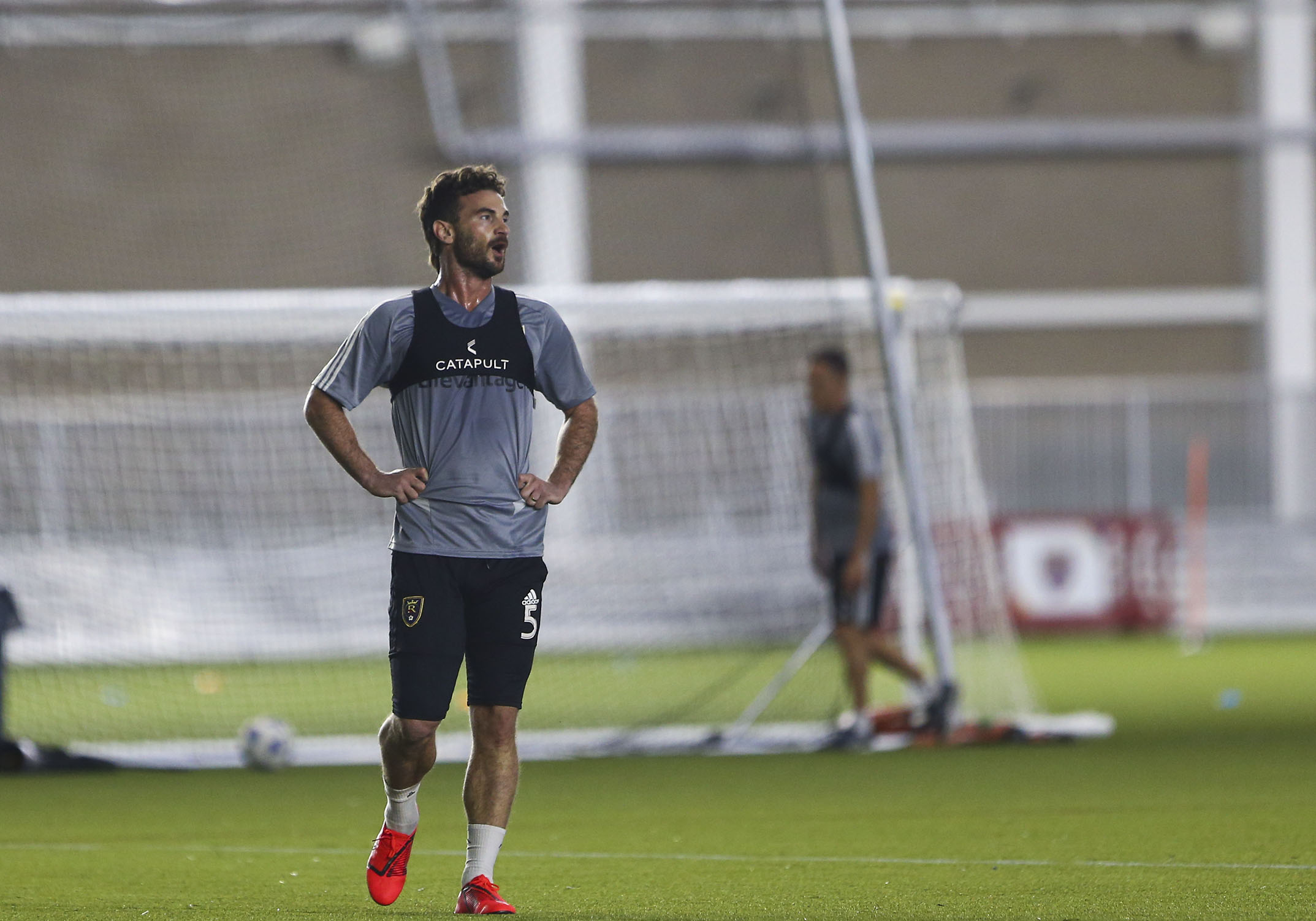 Kyle Beckerman (5) rests after an running drill during the first practice of the season for Real Salt Lake at the Real Salt Lake Training Academy and Facility in Harriman on Monday, Jan. 21, 2019.