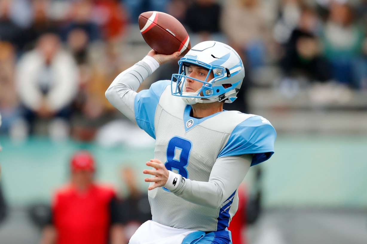 Austin Allen #8 of Salt Lake Stallions looks to pass during an Alliance of American Football game against the Birmingham Iron at Legion Field on February 16, 2019 in Birmingham, Alabama. (Photo by Todd Kirkland/AAF/Getty Images)