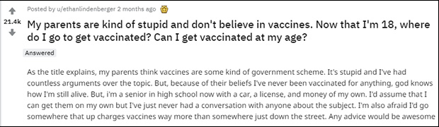 A Reddit post from an 18-year-old boy asking where he can get vaccinated. (Photo: Reddit)