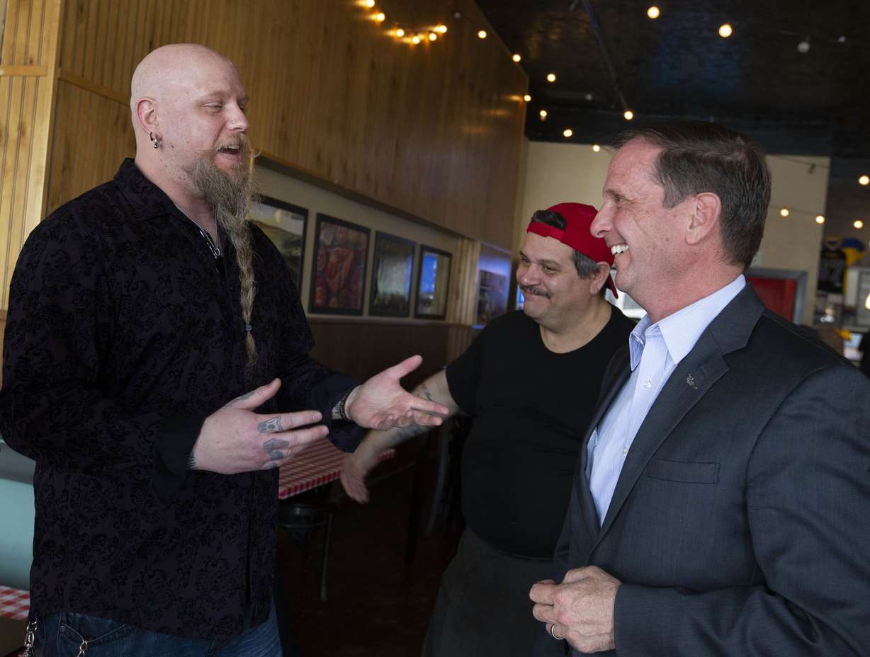 A.W. Storm Anderson, left, and Sebastian Randazzo speak with Rep. Chris Stewart, R-Utah, after a town hall meeting at Nonna's Italian Restaurant & Pizzeria in Magna on Thursday, Feb. 21, 2019. (Photo: Laura Seitz, KSL)