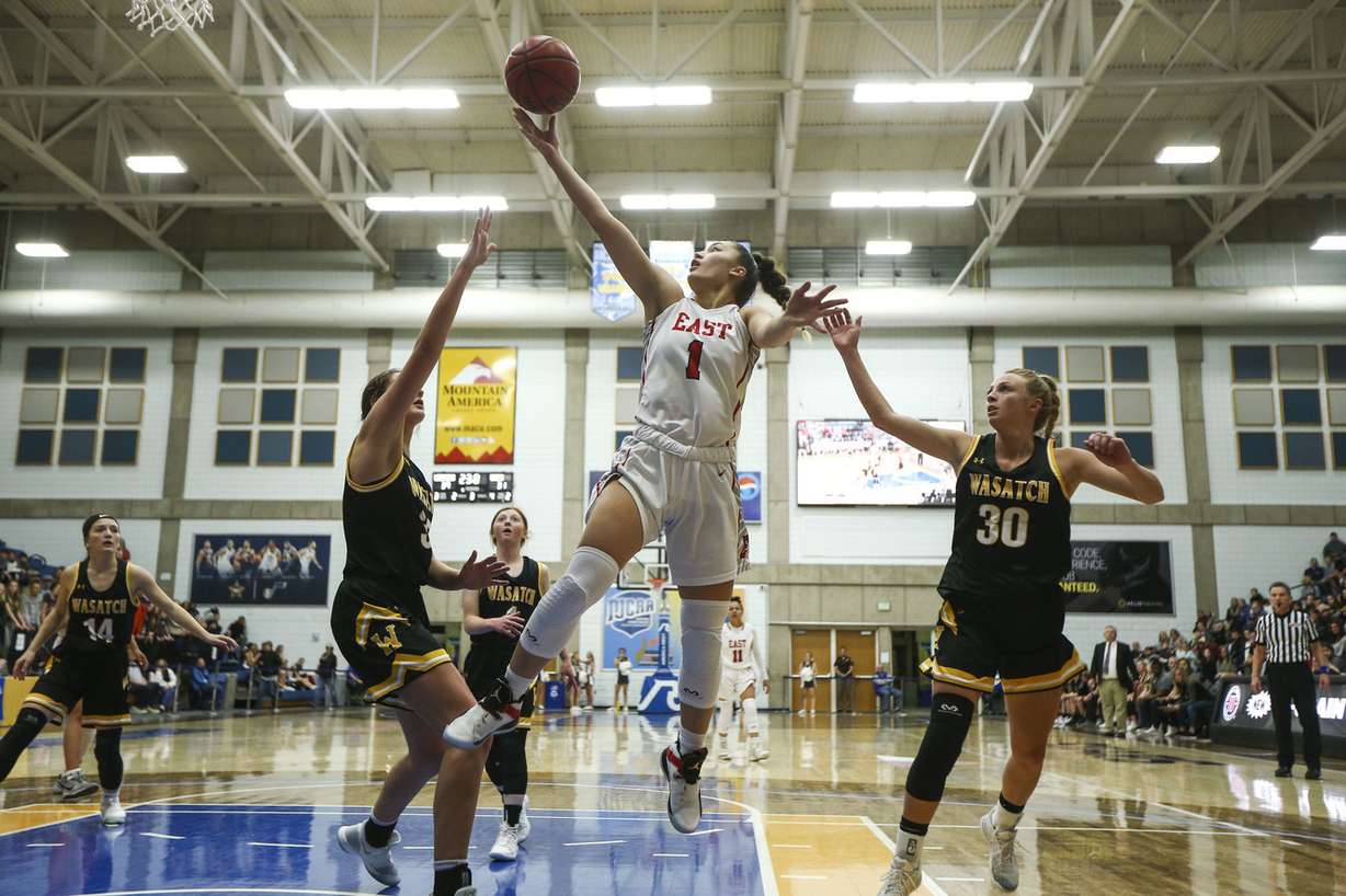 Deserae Falatea (1) shoots the ball in mid air against the Wasatch Wasps during the 5A semifinals of the girls basketball championship at the Lifetime Activities Center in Taylorsville on Friday, Feb. 22, 2019. (Photo: Silas Walker, Deseret News)