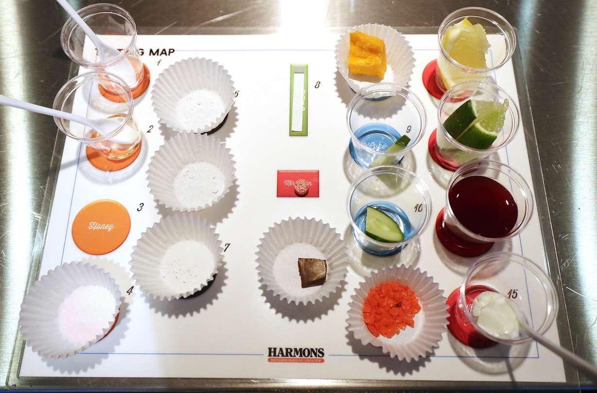 Harmons employees sample flavors during an Education Week class at the Harmons in Holladay on Wednesday, Feb. 20, 2019. (Photo: Jeffrey D. Allred, KSL)