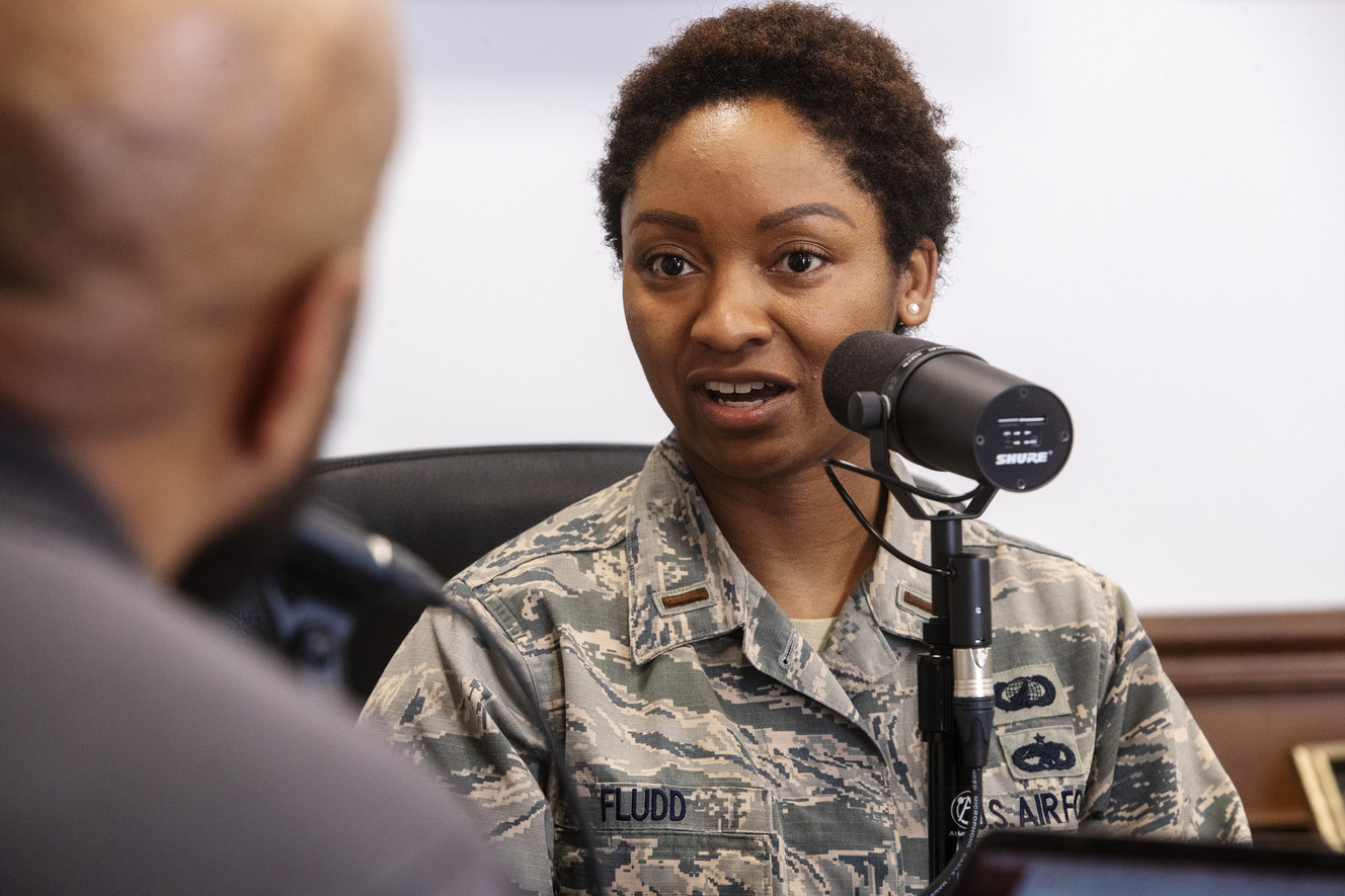 Air Force 2nd Lt. Laketa Fludd, an acquisitions program manager with the Nuclear Weapons Center at Hill Air Force Base, answers a question during a podcast as she and Maj. Gen. Stacey Hawkins, commander of the Ogden Air Logistics Complex, talk about their military life on Friday, Feb. 22, 2019. (Photo: Scott G Winterton, KSL)