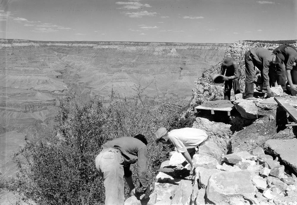 Civilian Conservation Corps construct a rock wall along rim trail by El Tovar Hotel during The Great Depression era. (Photo: National Park Service)