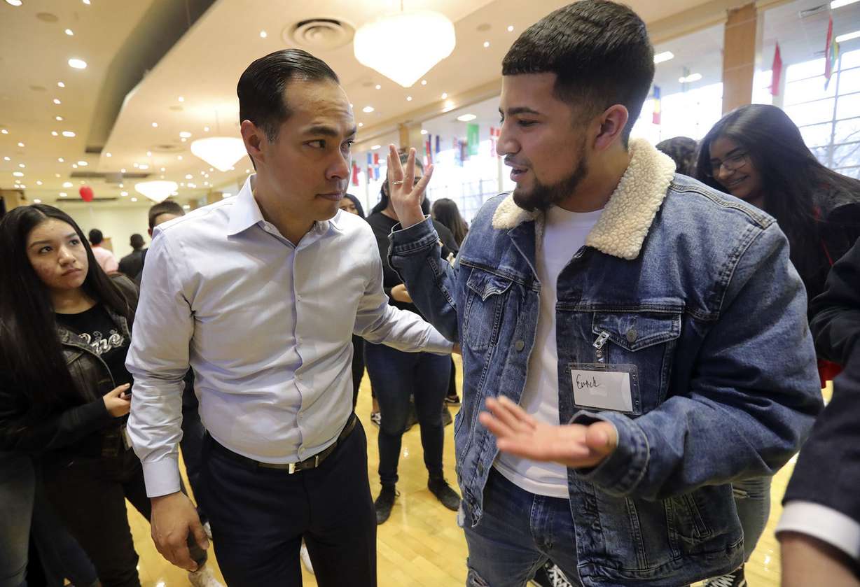 West High School junior Erick Hernandez, right, asks presidential candidate and former Secretary of Housing and Urban Development Julián Castro about his views on citizenship pathways for immigrants after Castro spoke at the University of Utah in Salt Lake City on Wednesday, Feb. 27, 2019. (Photo: Kristin Murphy, KSL)