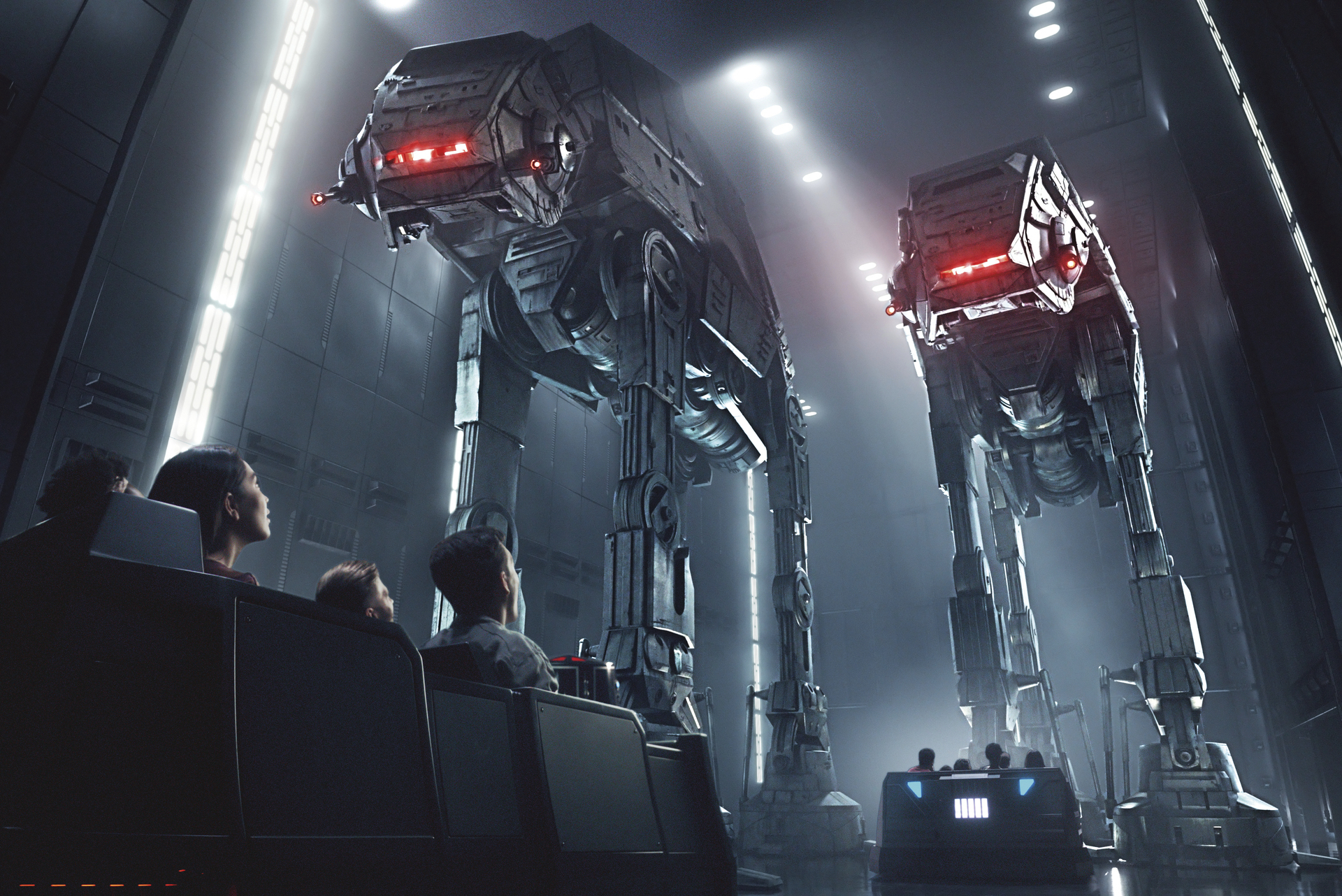 This rendering released by Disney and Lucasfilm shows people on the planned Star Wars: Rise of the Resistance attraction, part of Star Wars: Galaxy's Edge. The 14-acre area set to open this summer at the Disneyland Resort in Anaheim, California, then in the fall at Disney’s Hollywood Studios in Orlando, Florida. (Disney Parks/Lucasfilm via AP)