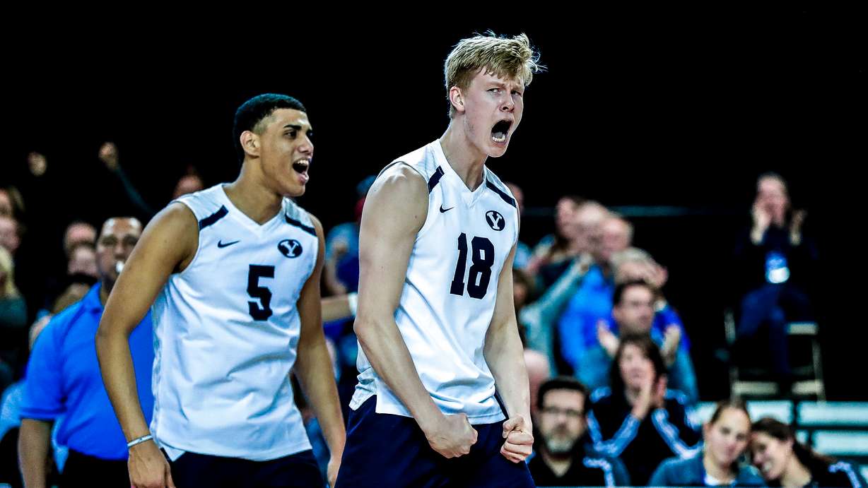 Miki Jauhiainen celebrates a point with Gabi Garcia Fernandez during a match with the BYU men's volleyball team in 2019. (Courtesy: BYU Photo).