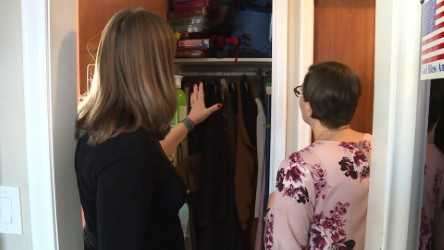 Elisa Albury and Andrea Erekson discuss how they will tidy and organize Erekson’s hall closet. Photo: KSL TV