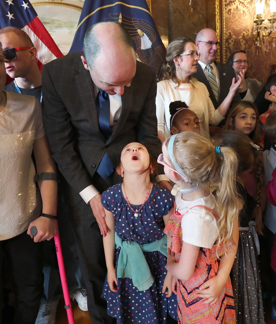 Lt. Gov. Spencer Cox talks with Adrienne Huff after meeting students from the Utah Schools for the Deaf and the Blind at the Capitol in Salt Lake City on Friday, March 1, 2019. (Photo: Jeffrey D. Allred, KSL)