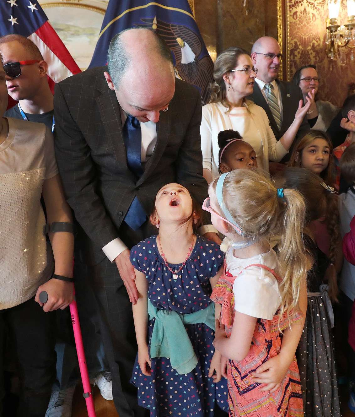 Lt. Gov. Spencer Cox talks with Adrienne Huff after meeting students from the Utah Schools for the Deaf and the Blind at the Capitol in Salt Lake City on Friday, March 1, 2019. (Photo: Jeffrey D. Allred, KSL)