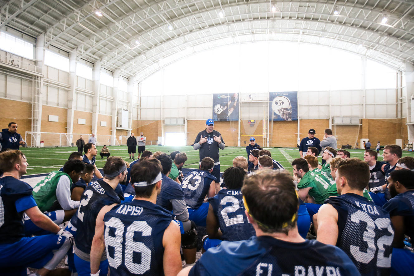 BYU offensive coordinator Jeff Grimes addresses the team during spring football practice, March 7, 2019 in Provo. (Photo: Tabitha Sumsion, BYU Photo)