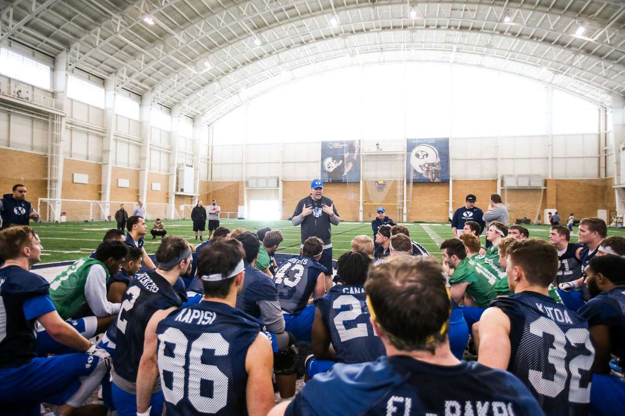 BYU offensive coordinator Jeff Grimes addresses the team during spring football practice, March 7, 2019 in Provo. (Photo: Tabitha Sumsion, BYU Photo)