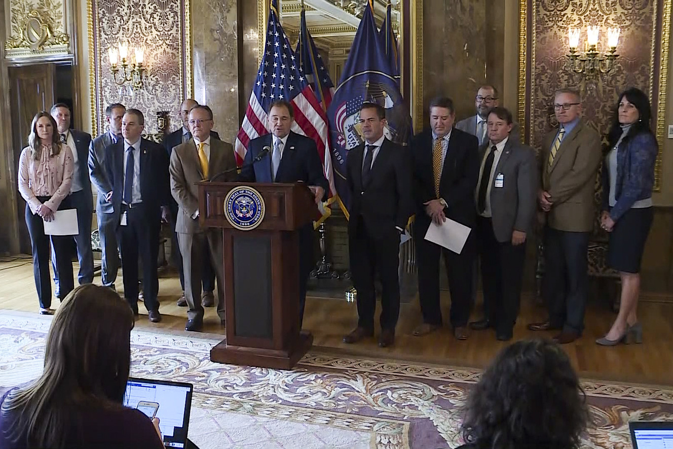Gov. Gary Herbert, center, speaks about tax reform during a press conference at the Capitol in Salt Lake City on Thursday, March 7, 2019. (Photo: Stuart Johnson, KSL TV)