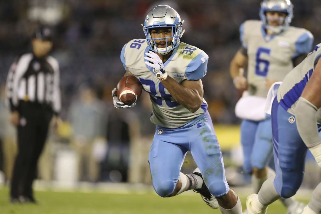 Salt Lake Stallions running back Joel Bouagnon (36) rushes with the ball in the first half during a Salt Lake Stallions at San Diego Fleet AAF football game, Saturday, March 9, 2019, at SDCCU Stadium in San Diego. (Photo: Peter Joneleit, AP Photo)