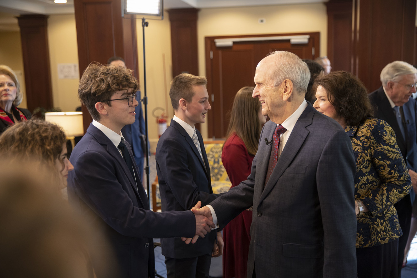 President Russell M. Nelson meets with Latter-day Saint youth in the church meetinghouse in the Rome Italy Temple Square, Saturday night, March 9, 2019. (Photo: Intellectual Reserve, Inc.)