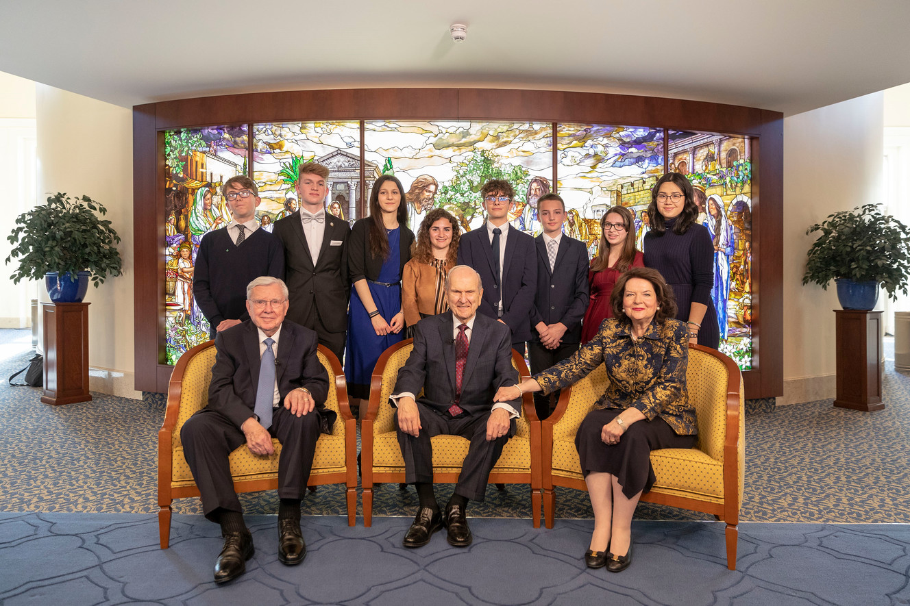 President Russell M. Nelson, his wife, Wendy, and President M. Russell Ballard, pose for a photo after answering a few questions from Latter-day Saint youth prior to a youth devotional, where the three of them spoke, on March 9, 2019, in a church meetinghouse located in the Rome Italy Temple campus. (Photo: Intellectual Reserve, Inc.)