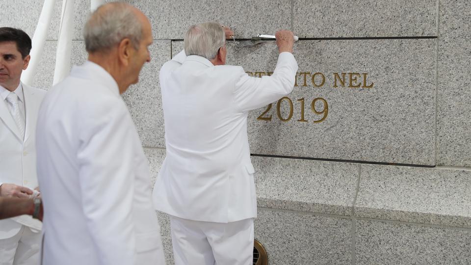 President M. Russell Ballard, acting president of the Quorum of the Twelve Apostles, places mortar around the cornerstone of the Rome Italy Temple Sunday, March 10, 2019; Photo courtesy of the Intellectual Reserve, Inc.