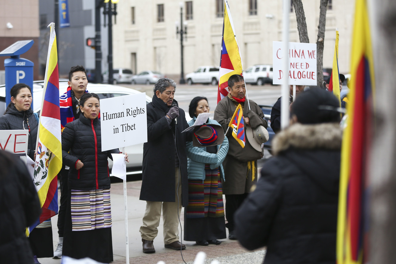 Tashi Porong leads prayers and songs during a rally to commemorate the 60th anniversary of resistance to illegal occupation by Chinese government forces in Tibet on March 10, 1959 in Salt Lake City on Sunday, March 10, 2019. (Photo: Silas Walker, KSL)