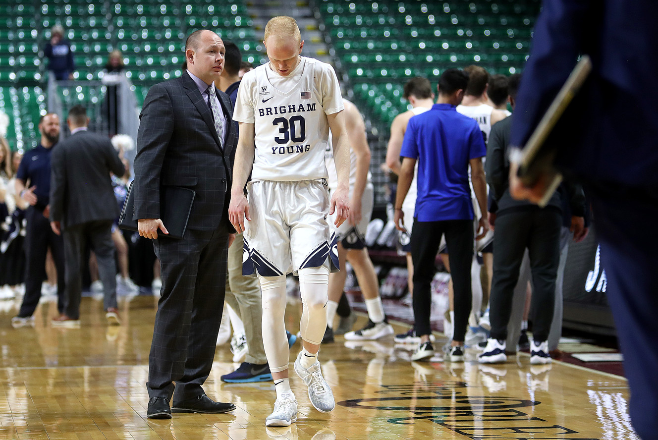 BYU guard TJ Haws (30) walks off the court after the BYU Cougars fell to the San Diego Toreros in WCC tournament action at the Orleans Arena in Las Vegas on Sunday, March 10, 2019. San Diego won 80-57. (Photo: Scott G Winterton, KSL)
