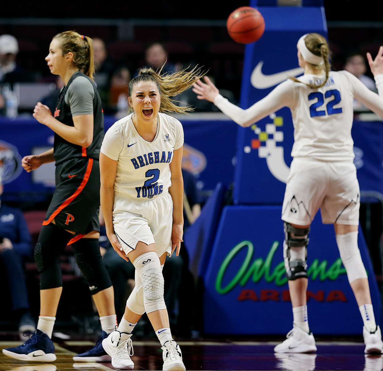 BYU Cougars guard Shaylee Gonzales (2) turns in celebration as BYU defeats Pepperdine in WCC tournament action at the Orleans Arena in Las Vegas on Monday, March 11, 2019. BYU won 69-63. (Photo: Scott G Winterton, KSL)