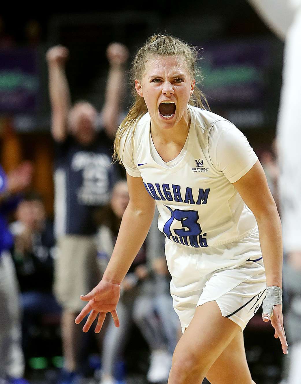 BYU guard Paisley Johnson (13) celebrates after a shot and foul as BYU and Pepperdine play in WCC tournament action at the Orleans Arena in Las Vegas on Monday, March 11, 2019. BYU won 69-63. (Photo: Scott G Winterton, KSL)
