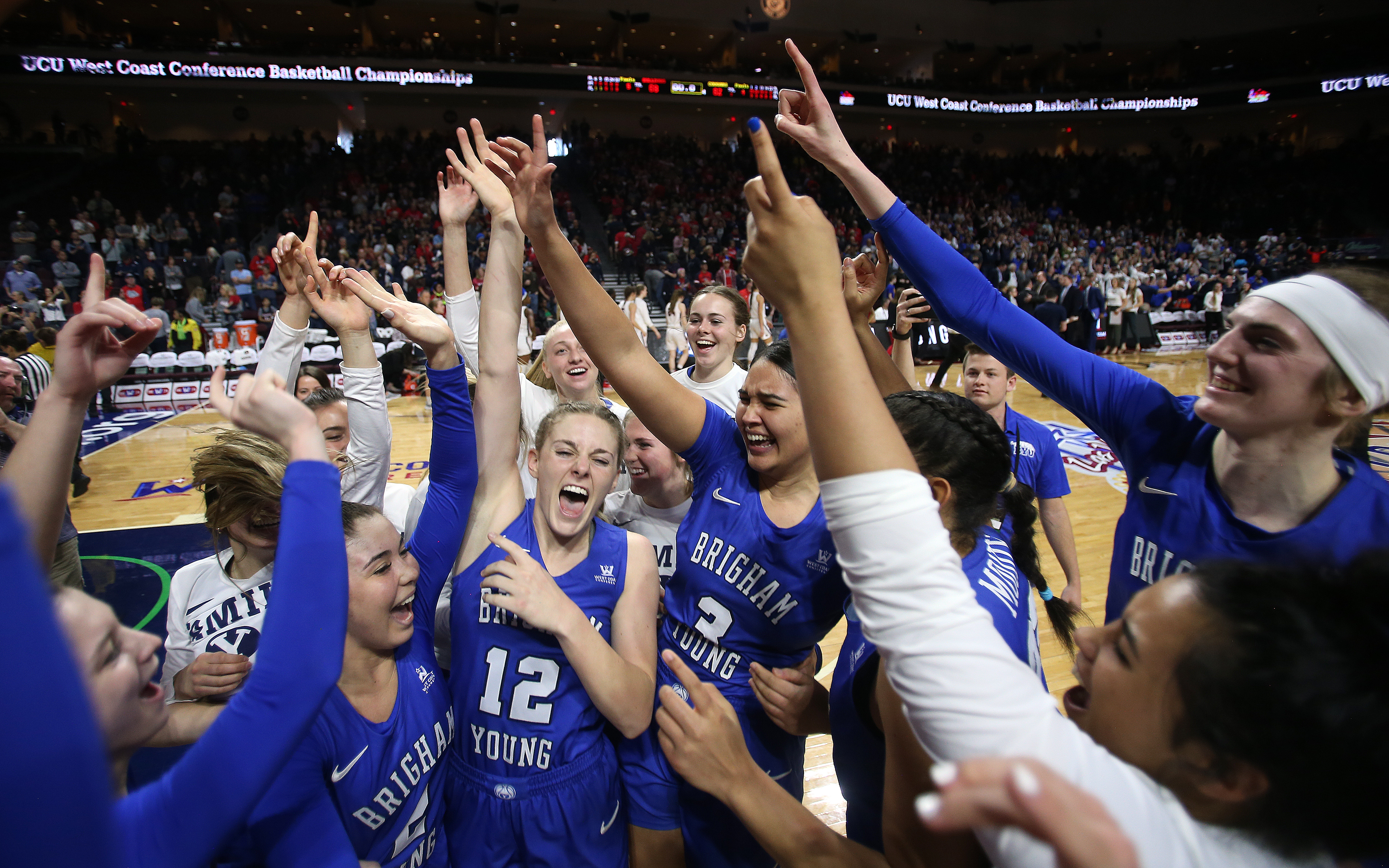 BYU celebrates as they defeat Gonzaga to claim the WCC tournament championship at the Orleans Arena in Las Vegas on Tuesday, March 12, 2019. (Photo: Scott G Winterton, KSL)