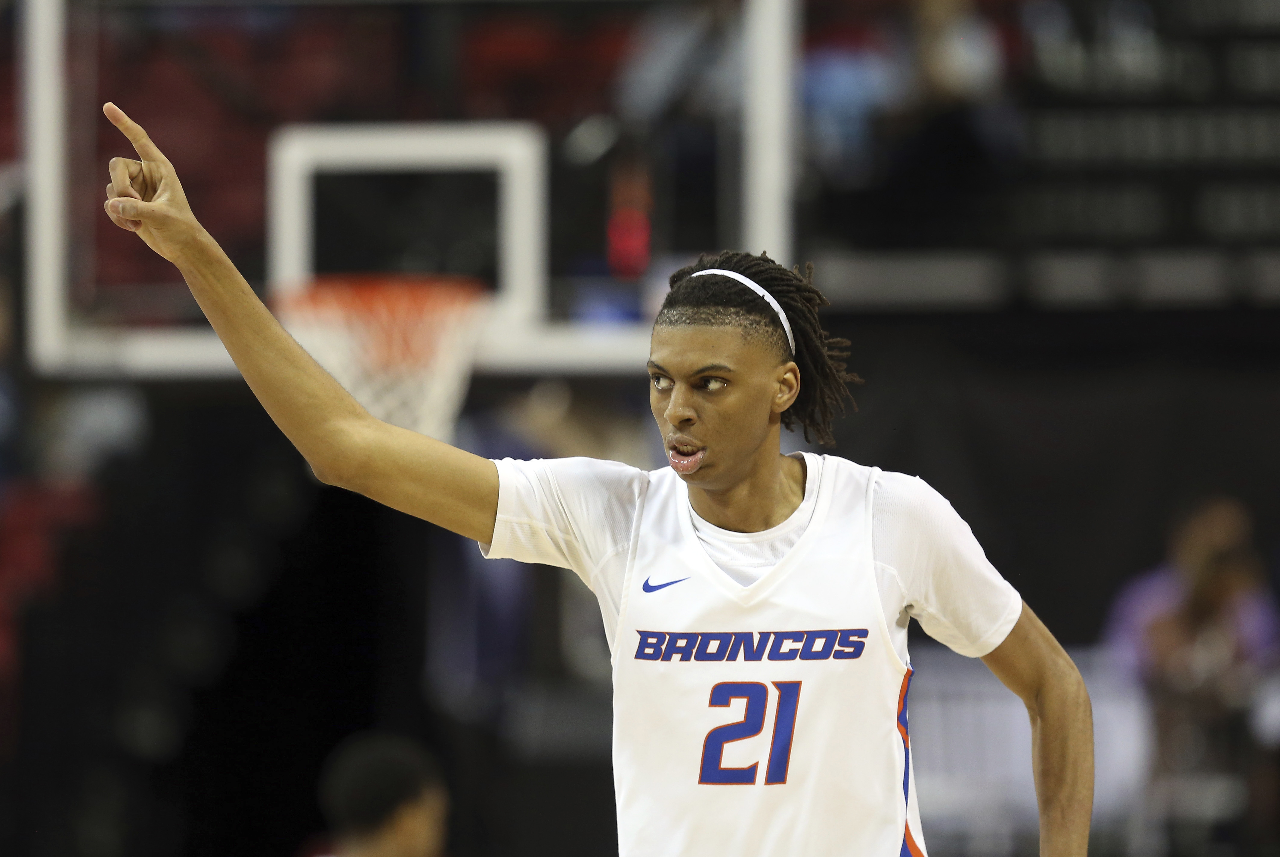 Boise State's Derrick Alston during the Mountain West basketball tournament, March 13, 2019, in Las Vegas.