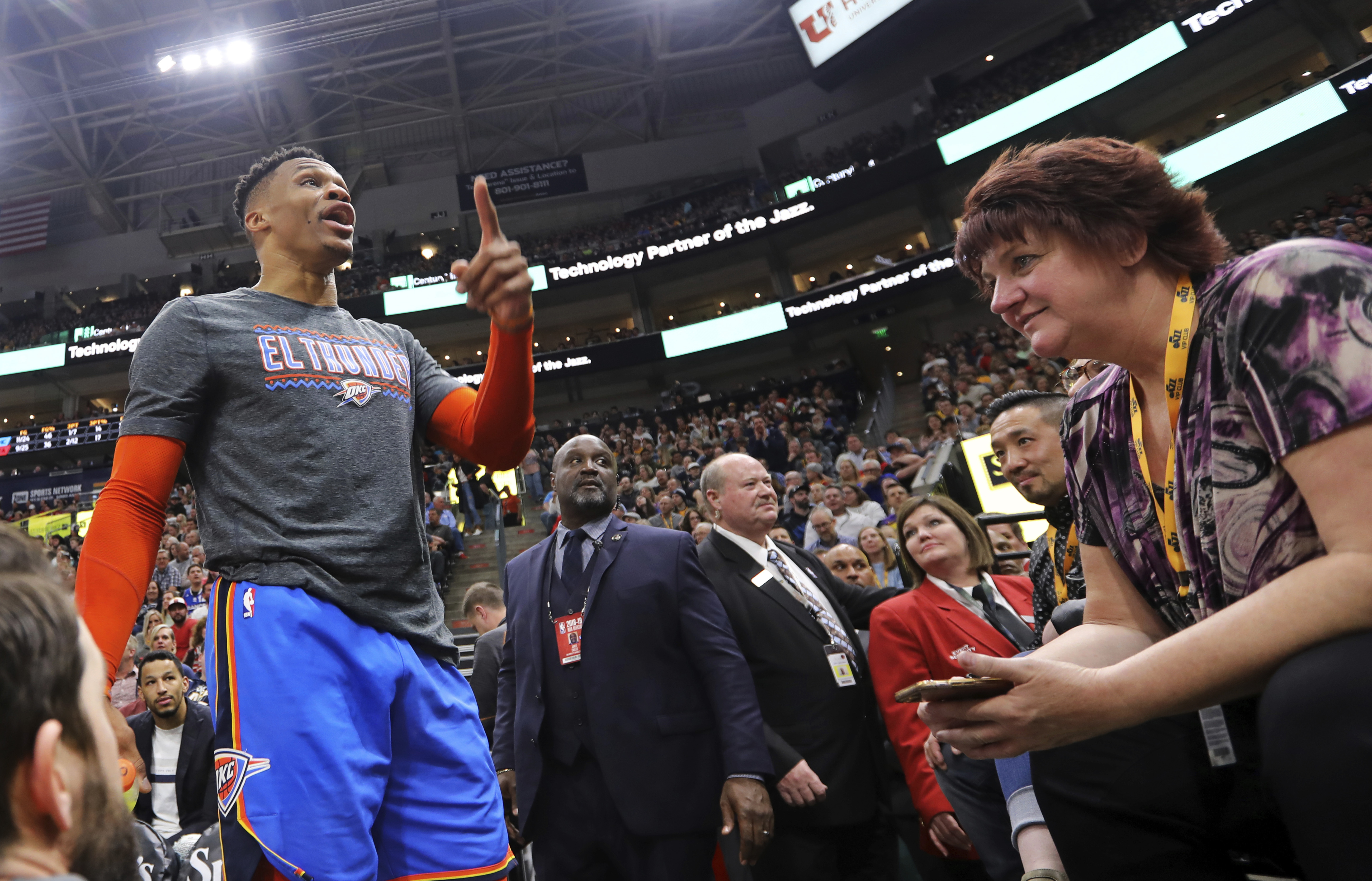 Russell Westbrook yells at a fan during a game in April. (Rick Bowmer, AP Photo)