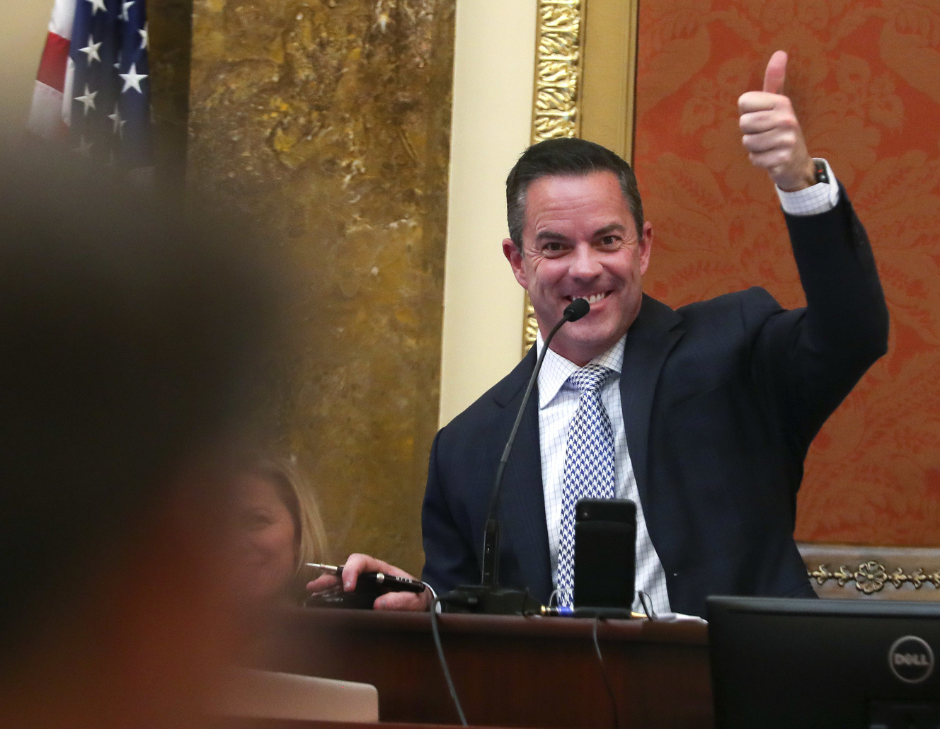 House Speaker Brad Wilson, R-Kaysville, smiles and gives a thumbs up as a bill is read in the right order on the final night of the 2019 Legislature at the Capitol in Salt Lake City on Thursday, March 14, 2019. (Photo: Steve Griffin, KSL)