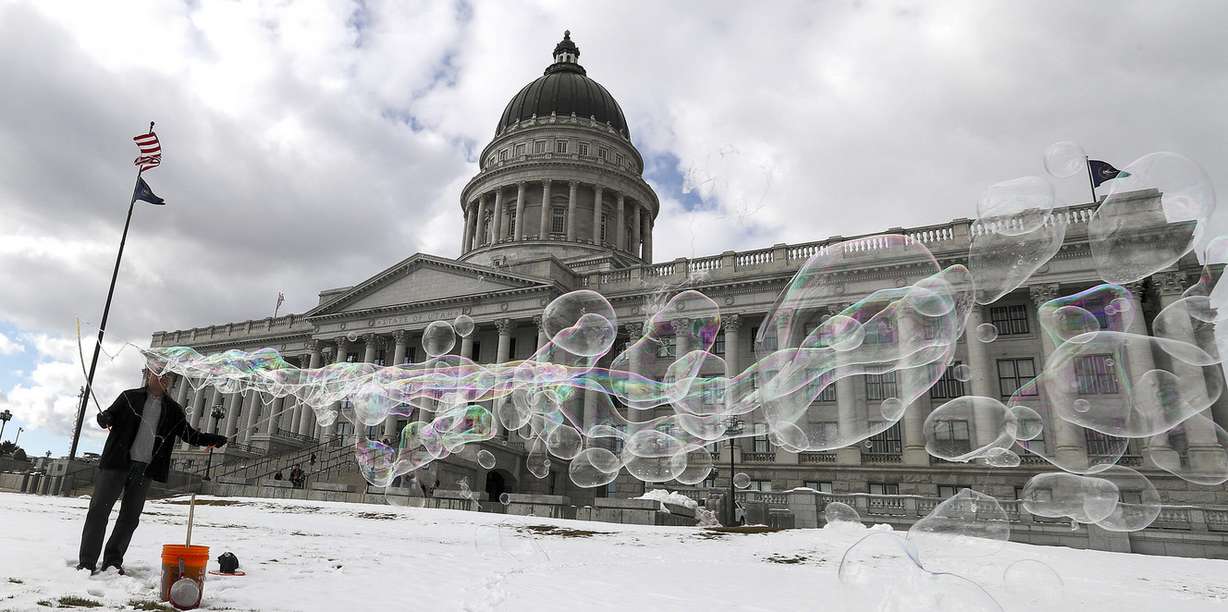 Abraham Roe creates giant bubbles outside the Capitol on the final day of the 2019 Legislature in Salt Lake City on Thursday, March 14, 2019. Roe says the open space in front of the Capitol is perfect for creating the bubbles. (Photo: Steve Griffin, KSL)