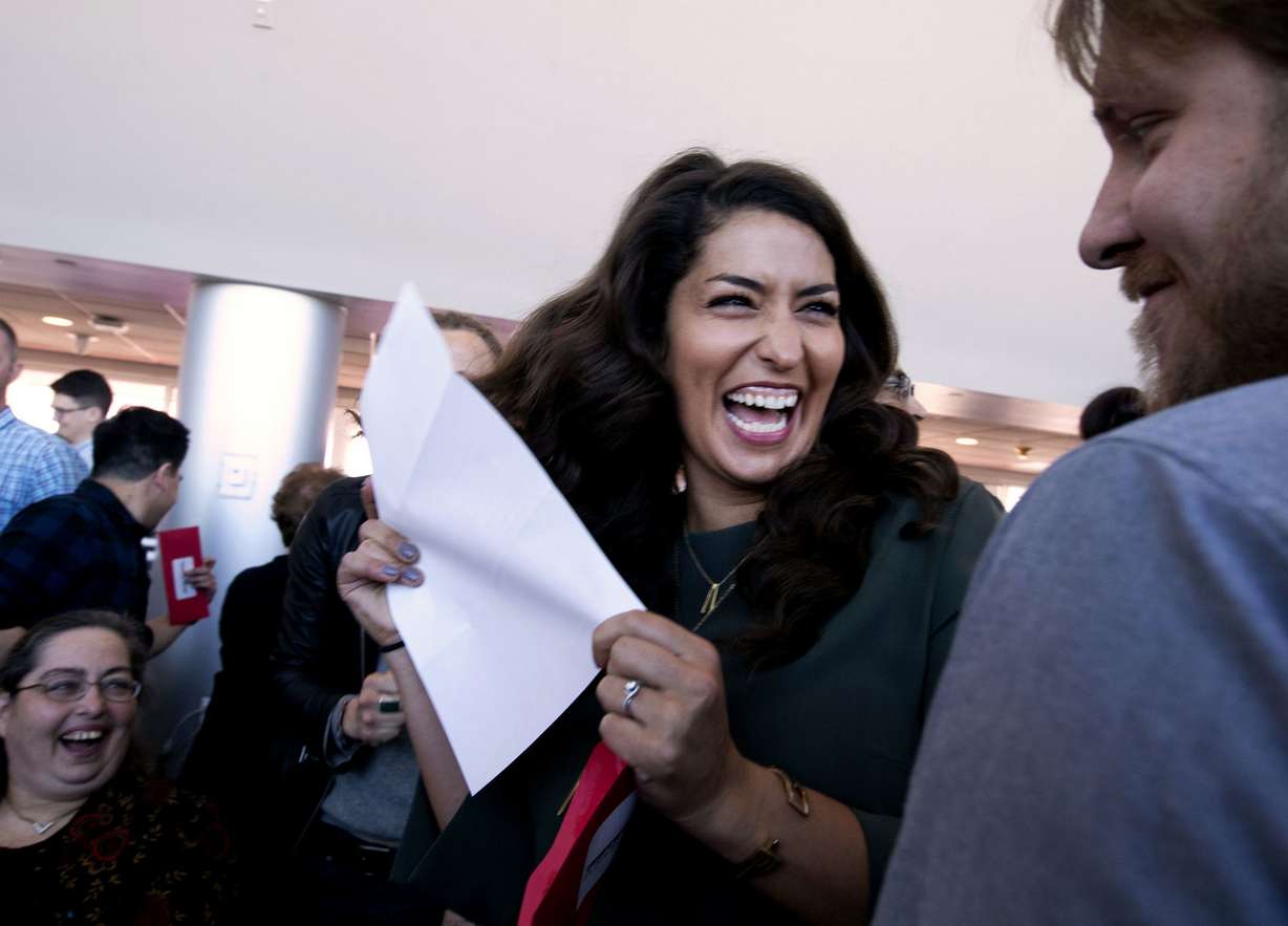 University of Utah medical school student Ana Boulos celebrates her acceptance to Contra Costa family medicine residency program in California with her fiance, Zach Allred, during Match Day at Rice Eccles Stadium in Salt Lake City on Friday, March 15, 2019. Fourth-year medical school students across the nation opened letters Friday to find out where they will go to complete residency as new doctors. (Photo: Laura Seitz, KSL)