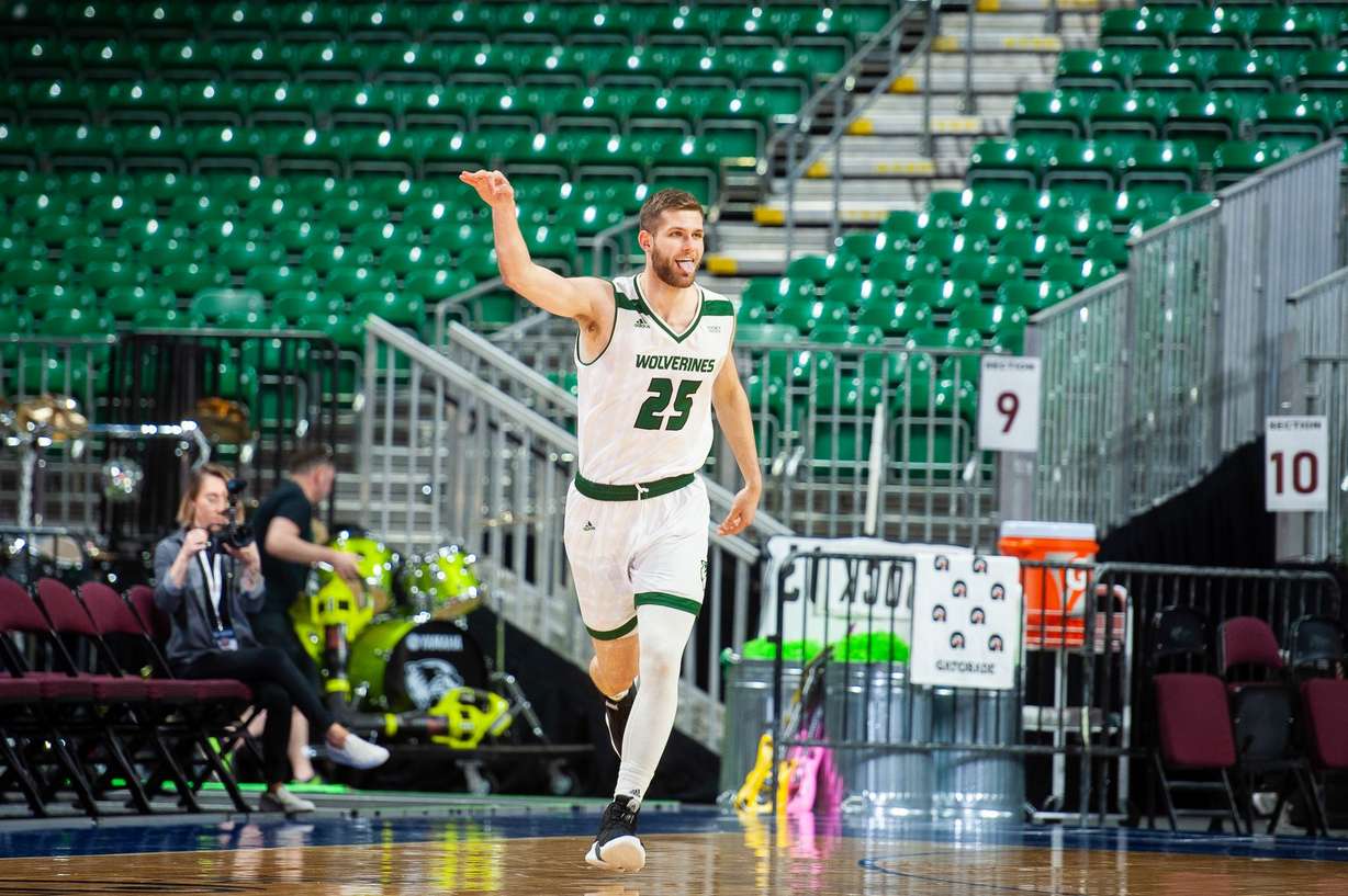 Wyatt Lowell makes a three for Utah Valley men's basketball against UM Kansas City during a WAC Tournament game, Thursday, March 14, 2019 at Orleans Arena in Las Vegas. (Courtesy: Western Athletic Conference)