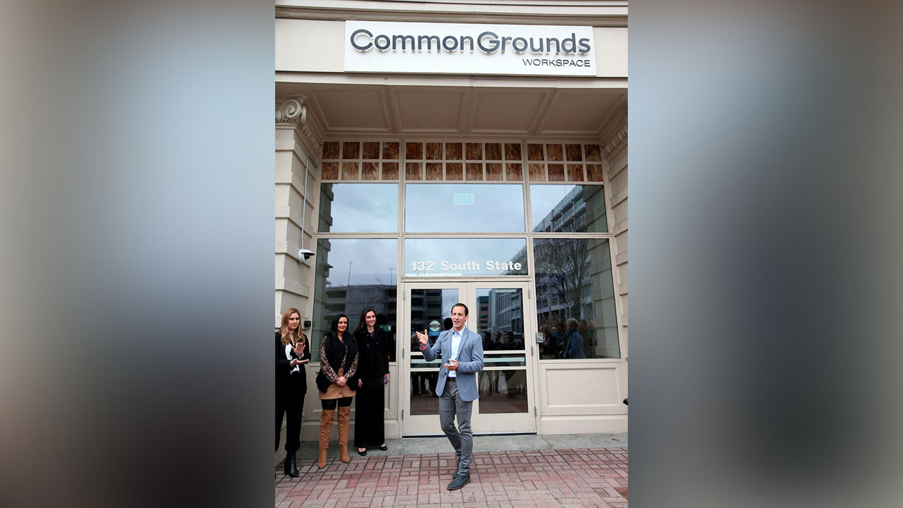 Jacob Bates, owner of CommonGrounds Workplace, speaks to guests prior to a ribbon-cutting ceremony in Salt Lake City on Thursday, March 14, 2019. (Photo: Laura Seitz, KSL)