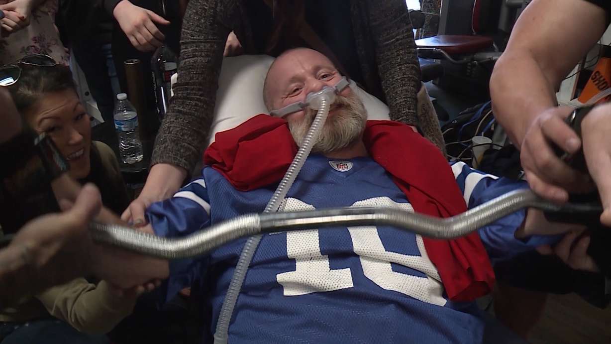 A group of gym-goers made Frank Louge’s dying wish come true Saturday, March 16, 2019, at Big John's Pro Gym in Bountiful. Louge has ALS, and all he wanted was one more workout before he died. (Photo: Adam Sotelo, KSL TV)