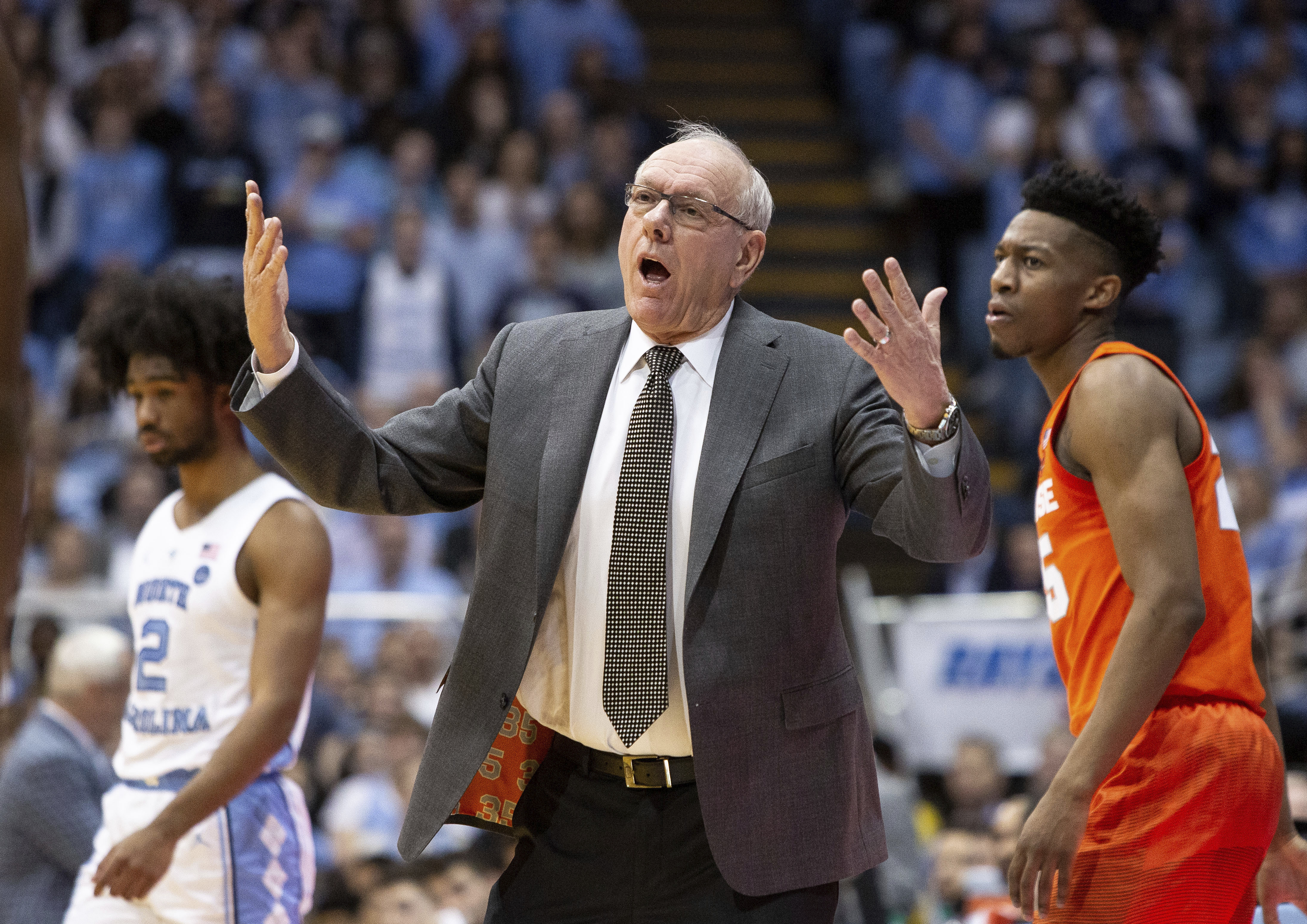 Syracuse coach Jim Boeheim reacts to a call during the first half of the team's NCAA college basketball game against North Carolina in Chapel Hill, N.C., Tuesday, Feb. 26, 2019. (Photo: Ben McKeown, AP)