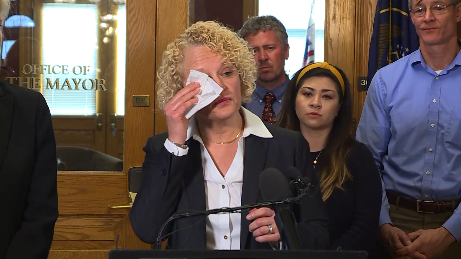 Salt Lake City Mayor Jackie Biskupski wipes her eye while she speaks to the media about her decision to not seek re-election on Monday, March 18, 2019. (Photo: KSL TV)