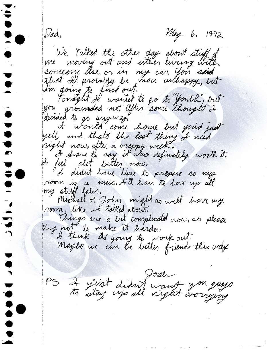 Josh Powell wrote this letter to his father, Steve Powell, at age 16. Josh describes his father grounding him to prevent his attendance at a youth function for The Church of Jesus Christ of Latter-day Saints.