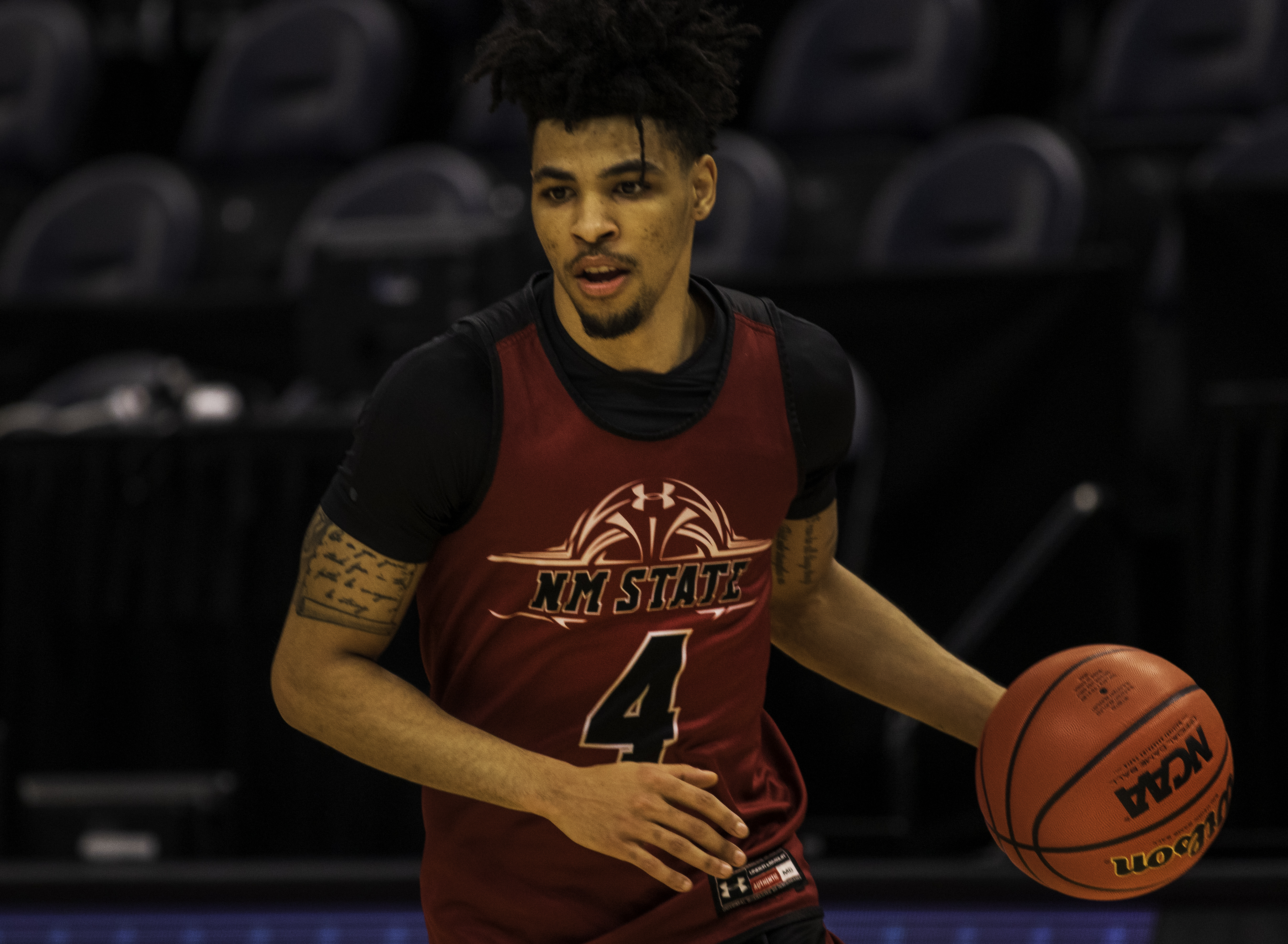 New Mexico State guard JoJo Zamora dribbles a ball during a team practice at Vivint Arena on Wednesday, March 20, 2019. Zamora played his junior year at Utah before he transferred to New Mexico State. (Photo: Carter Williams, KSL.com)